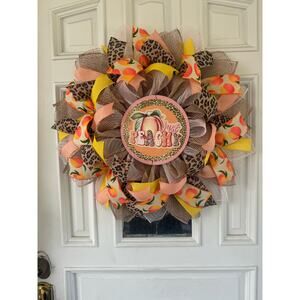 Handmade Peach Leopard Print Deco Mesh Wreath, Summer Front Door Hanger Decor